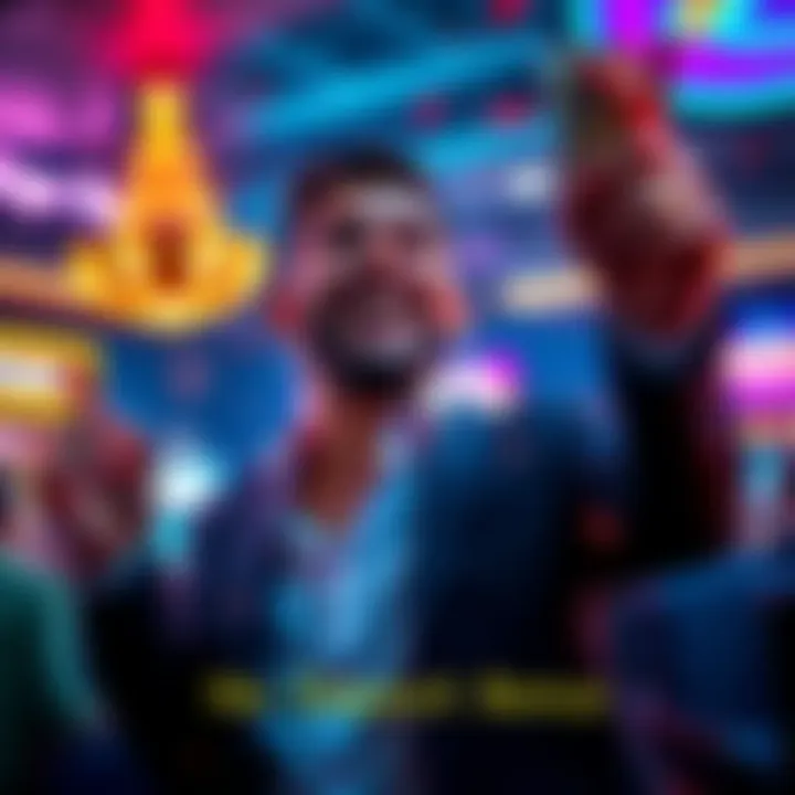 Person celebrating a big win at Magnex Casino with cash and a no deposit bonus banner