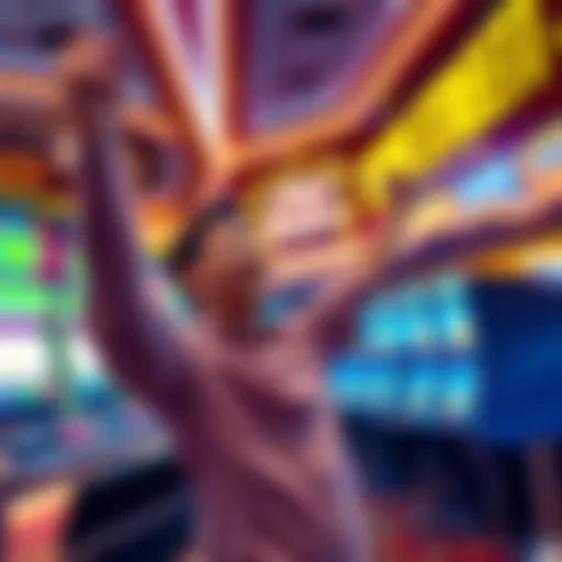A player celebrating their cashout success at Main Street Station in Las Vegas, with casino slot machines in the background