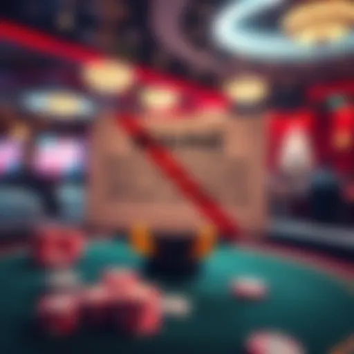 A casino setting with poker tables and chips, showing a sign indicating poker sweepstakes are banned in Maine.