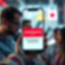 A smartphone screen displaying a maintenance message for an app, with worried people in the background.