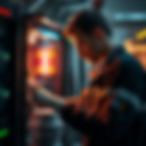 A technician inspecting a computer server to ensure it is properly maintained.