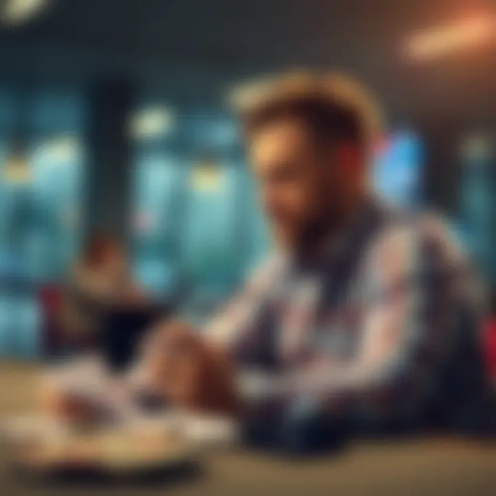 A man sitting at a table with betting slips, looking thoughtful about his strategies and luck in gambling