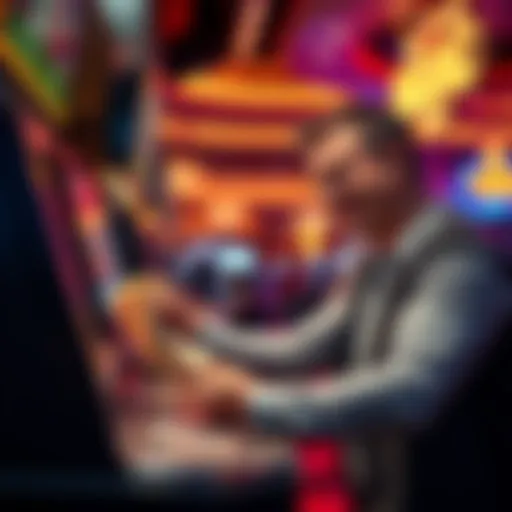 Man cashing out winnings at a casino A man happily collecting his winnings at a casino cash desk, holding cash in hand