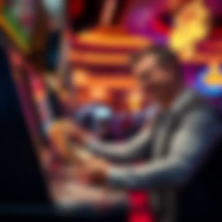 Man cashing out winnings at a casino A man happily collecting his winnings at a casino cash desk, holding cash in hand