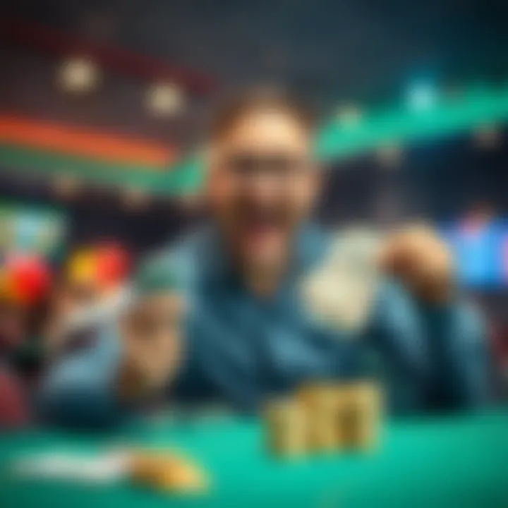 A man with a joyful expression holding cash at a betting table after winning a large amount.