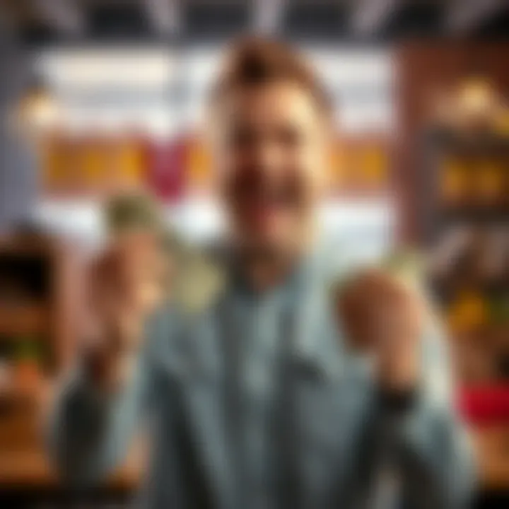 A man with a big smile holding a lottery ticket and cash, joyfully celebrating his unexpected win after a tough day at work.