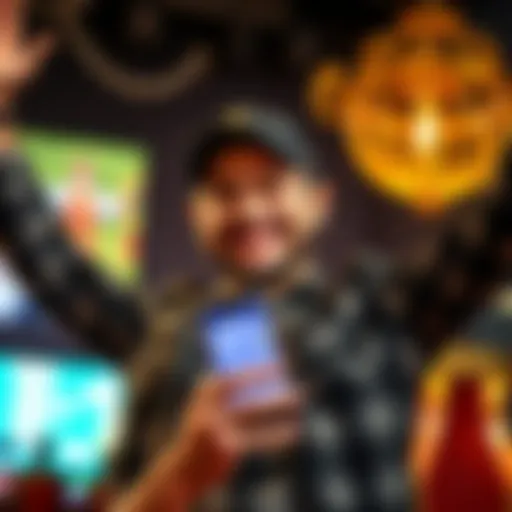 A man smiling and raising his arms in victory, symbolizing 117 days of recovery from gambling addiction, with a smartphone displaying the LastBet app in his hand.