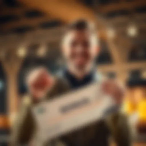 A man smiling and holding a work bonus check, symbolizing success and progress in his recovery from gambling addiction.