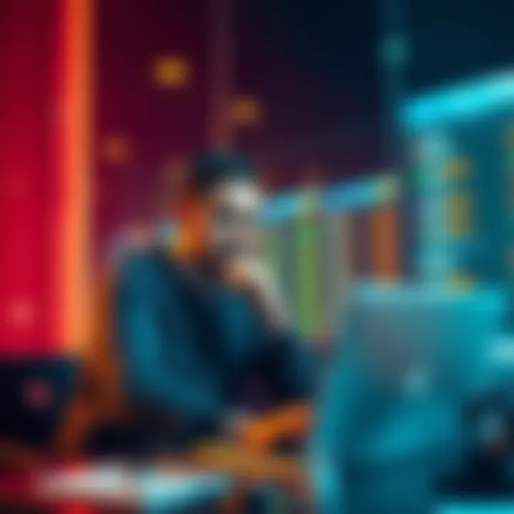 Man considering sports betting A man sitting at a desk with a laptop, looking worried while contemplating sports betting decisions and financial loss