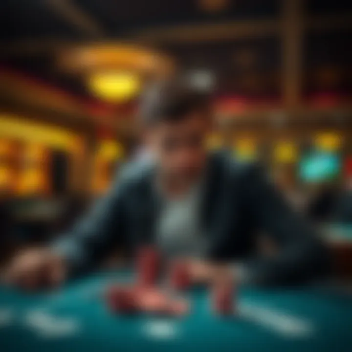 A man sitting alone at a table, looking conflicted and deep in thought, with casino chips and cards in front of him, symbolizing his inner struggle after a month of abstinence.