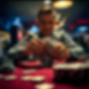 A person counting a stack of cash in preparation for a poker game at a table.