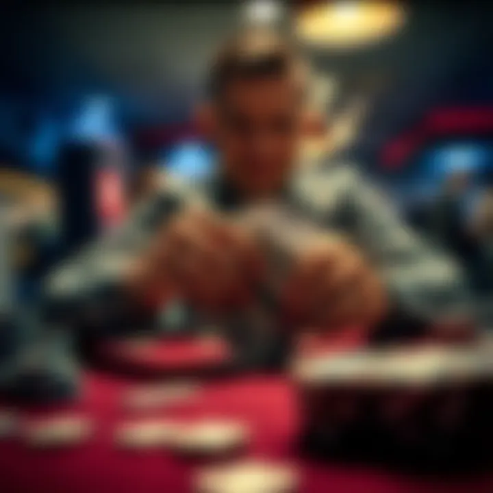 A person counting a stack of cash in preparation for a poker game at a table.