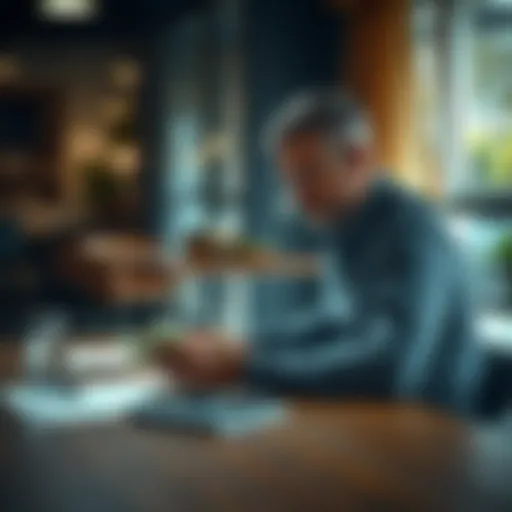 A person sitting at a table, counting cash while reviewing payment options on a notepad.
