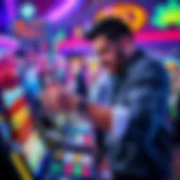 A man in a casino aggressively striking a broken slot machine after losing a large amount of money