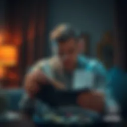 A young man sits in a dimly lit room, looking distressed as he stares at his empty wallet and a gambling receipt, symbolizing his loss.