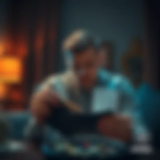 A young man sits in a dimly lit room, looking distressed as he stares at his empty wallet and a gambling receipt, symbolizing his loss.