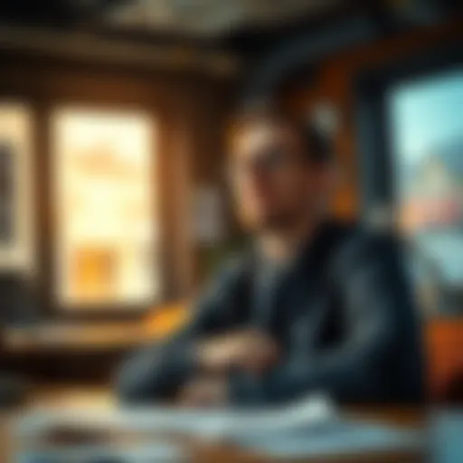 A man sitting at a table with a determined expression, surrounded by papers symbolizing debts, showing determination to rebuild his life.