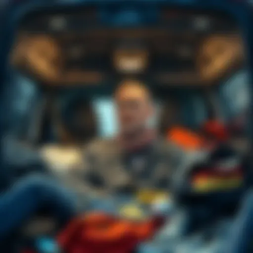 A 28-year-old man inside a van, looking contemplative and weary, surrounded by his belongings, illustrating his struggle with homelessness and depression.