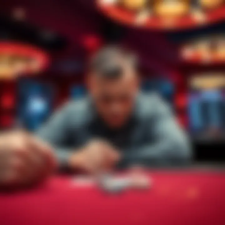 Man losing control in a Blackjack game A man at a Blackjack table appears frustrated as he makes hasty decisions after winning.