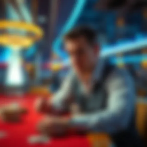 A man looks distressed at a casino table on a cruise ship, realizing he has lost all his money on the first night.