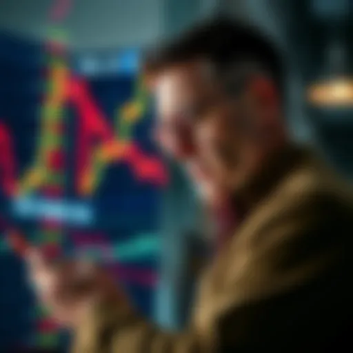 A man looking distressed while checking stock prices on his phone, with a stock market chart showing downward trends in the background.