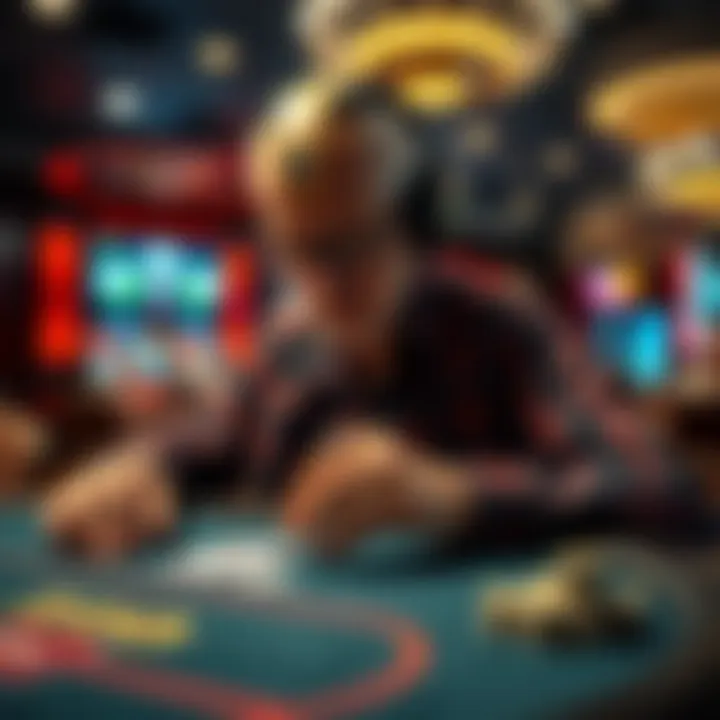 A disabled man in a casino, engaged in a poker game using special technology that assists him. He sits at a poker table, focused on his cards, showing determination and skill despite his physical limitations.