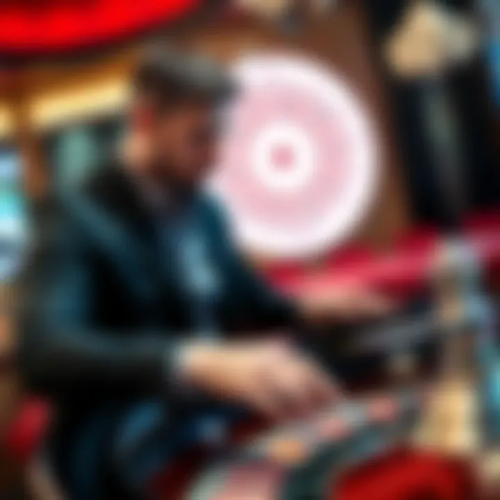 A focused player looking at a roulette table with colorful chips in front of him, representing the Martingale betting system in action.