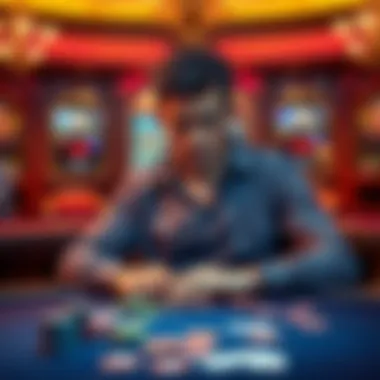 A man with a concerned expression sitting at a poker table surrounded by chips and cards, reflecting on his gambling losses