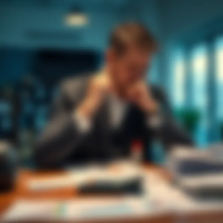 A man sitting at a table looking thoughtful, papers and a calculator in front of him, symbolizing financial struggles and recovery efforts.