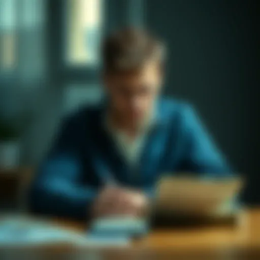 A man sitting alone with a worried expression, looking at bills and a calculator on a table, symbolizing financial struggles and debt.