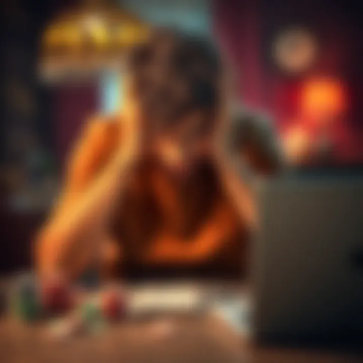 A young man sitting at a table with his head in his hands, looking distressed over financial loss, with a laptop and gambling chips nearby.