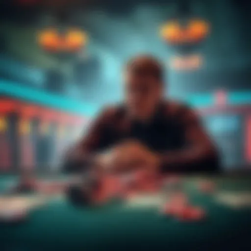 A man sits alone at a table, looking distressed with gambling chips and bills scattered around him, symbolizing the struggle with addiction.