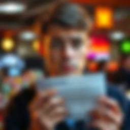 A young man looks worried while holding a betting slip, symbolizing struggles with gambling addiction.