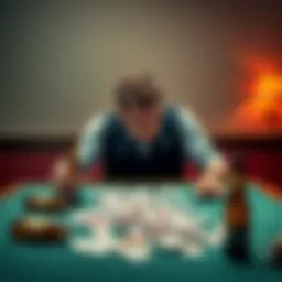 Man reflecting on gambling losses A man sitting alone at a table, looking distressed with scattered cards and empty beer bottles, symbolizing his struggle with gambling addiction.