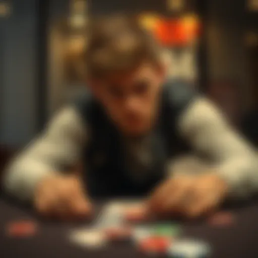 A young man sits alone at a table, looking troubled while staring at poker chips and cards, symbolizing his struggle with gambling addiction.