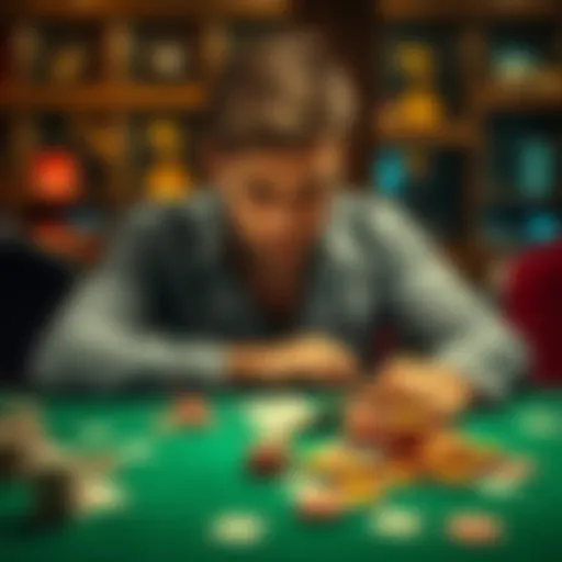 A 30-year-old man looks sorrowful, sitting at a table with scattered gambling chips and cards, symbolizing his struggle with addiction and losses.