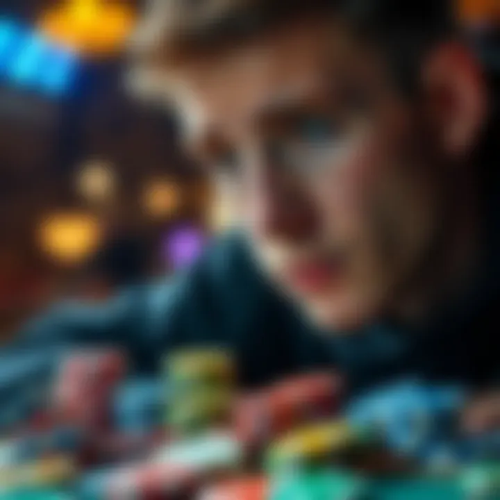 A young man looks pensively at a pile of gambling chips, symbolizing his battle with addiction and hope for recovery.