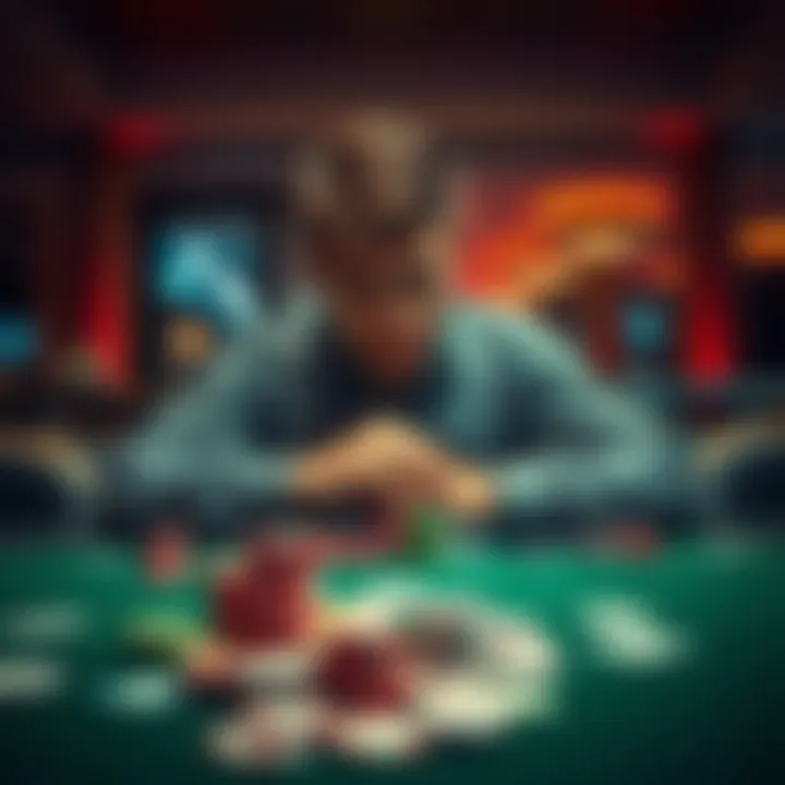 Man reflecting on gambling struggles A young man sitting alone at a table with a concerned expression, surrounded by empty poker chips and cards, symbolizing his struggles with gambling addiction and recent losses.