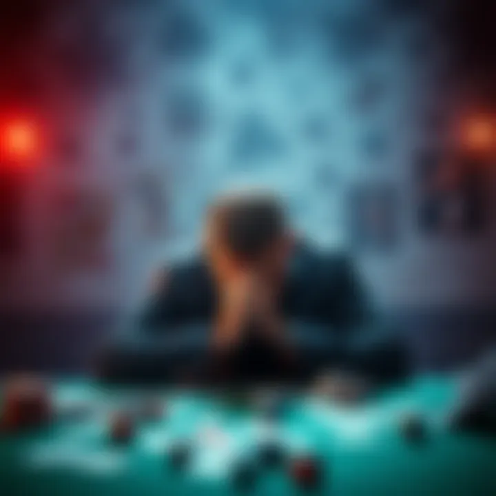 Man Reflecting on Gambling Struggles A man sitting alone at a table with a troubled expression, surrounded by playing cards and dice, symbolizing his battle with gambling addiction.