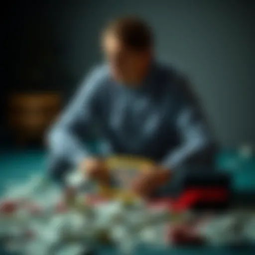 A man sitting alone looking distressed, surrounded by scattered bills and a family picture, symbolizing the impact of gambling addiction on his life.