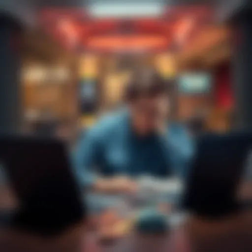 A somber man sits at a table with empty casino chips and a laptop, looking worried and contemplative about his gambling addiction.