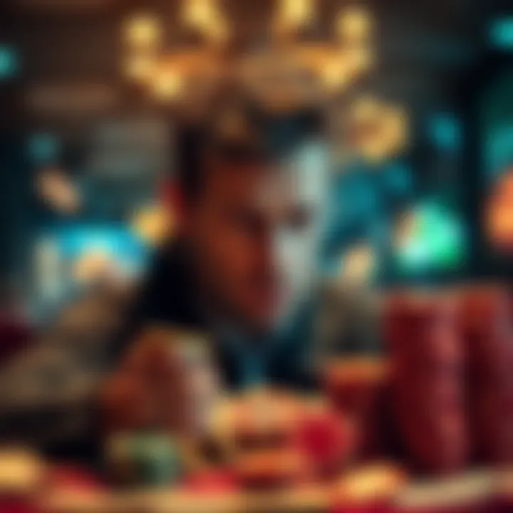 A 35-year-old man looking pensive, surrounded by bills and gambling chips, symbolizing his struggles with debt and desire for a fresh start