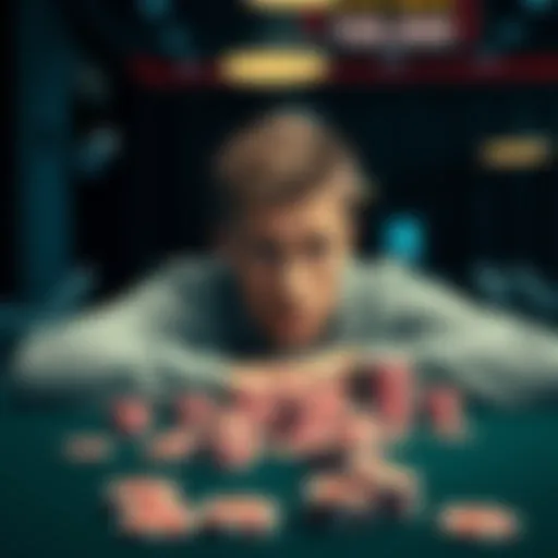 A young man looking distressed while sitting alone at a table with casino chips scattered around, symbolizing his losses in online casinos, with a worried expression as he thinks about his partner's u...