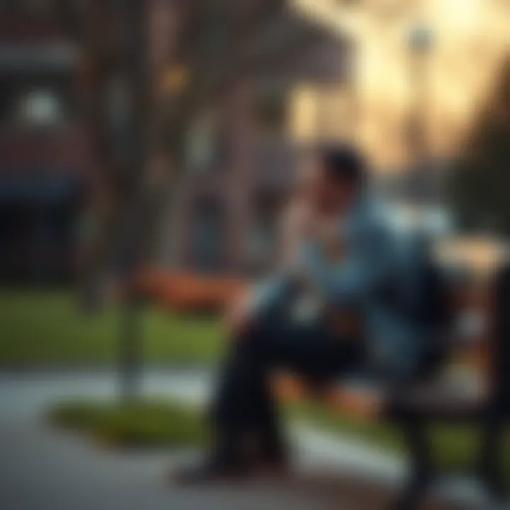 A man sitting on a bench looking thoughtful, with a calm expression, representing a journey of self-discovery after a financial loss