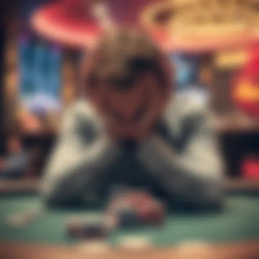 A man looks distressed while holding his head in his hands, symbolizing the emotional toll of gambling loss, with a gaming table in the background.