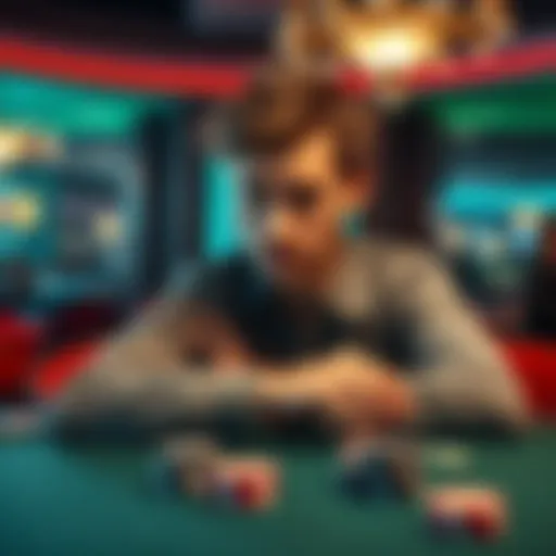 A young man looking worried and pondering about his gambling issues, sitting at a table with empty casino chip trays in the background