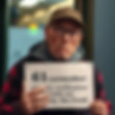 A 61-year-old man looks concerned while holding a sign asking for help with identity verification to secure money for food.