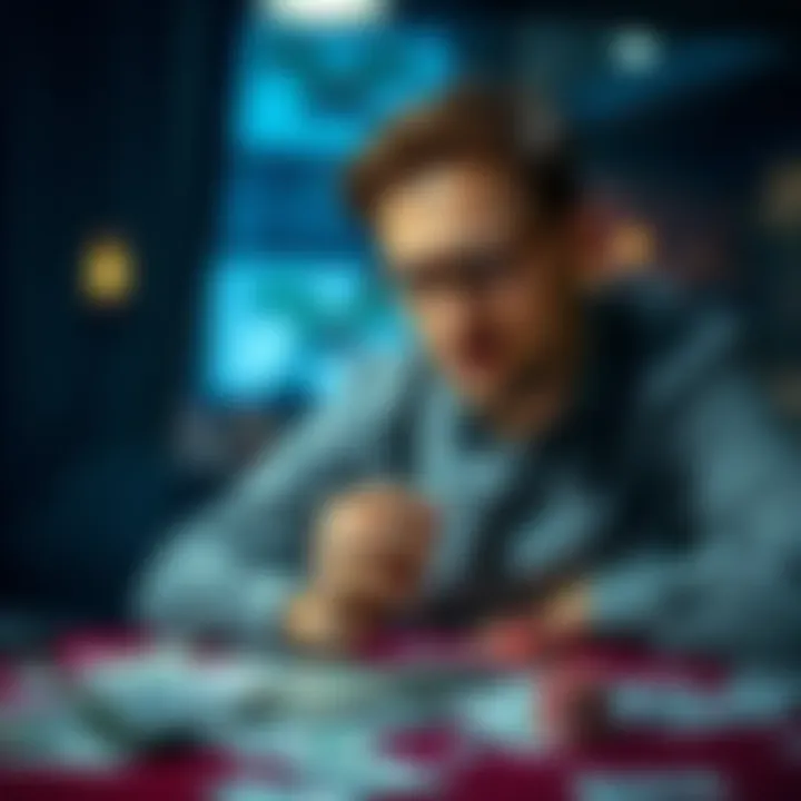 A 31-year-old man sits at a table with bills scattered around, looking worried as he gazes at a casino chip in his hand, symbolizing his battle with gambling and debt.