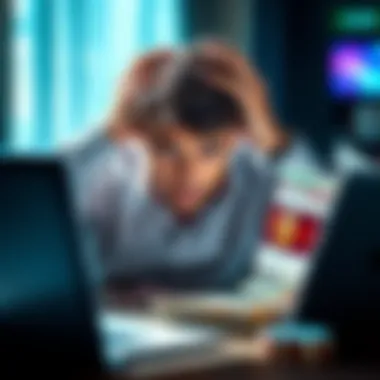 A man looking distressed, holding his head in his hands, surrounded by bills and a laptop open to a gambling website.