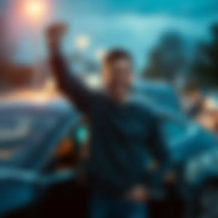 A man smiles proudly next to his new car, symbolizing his victory over gambling addiction and a fresh start in life.